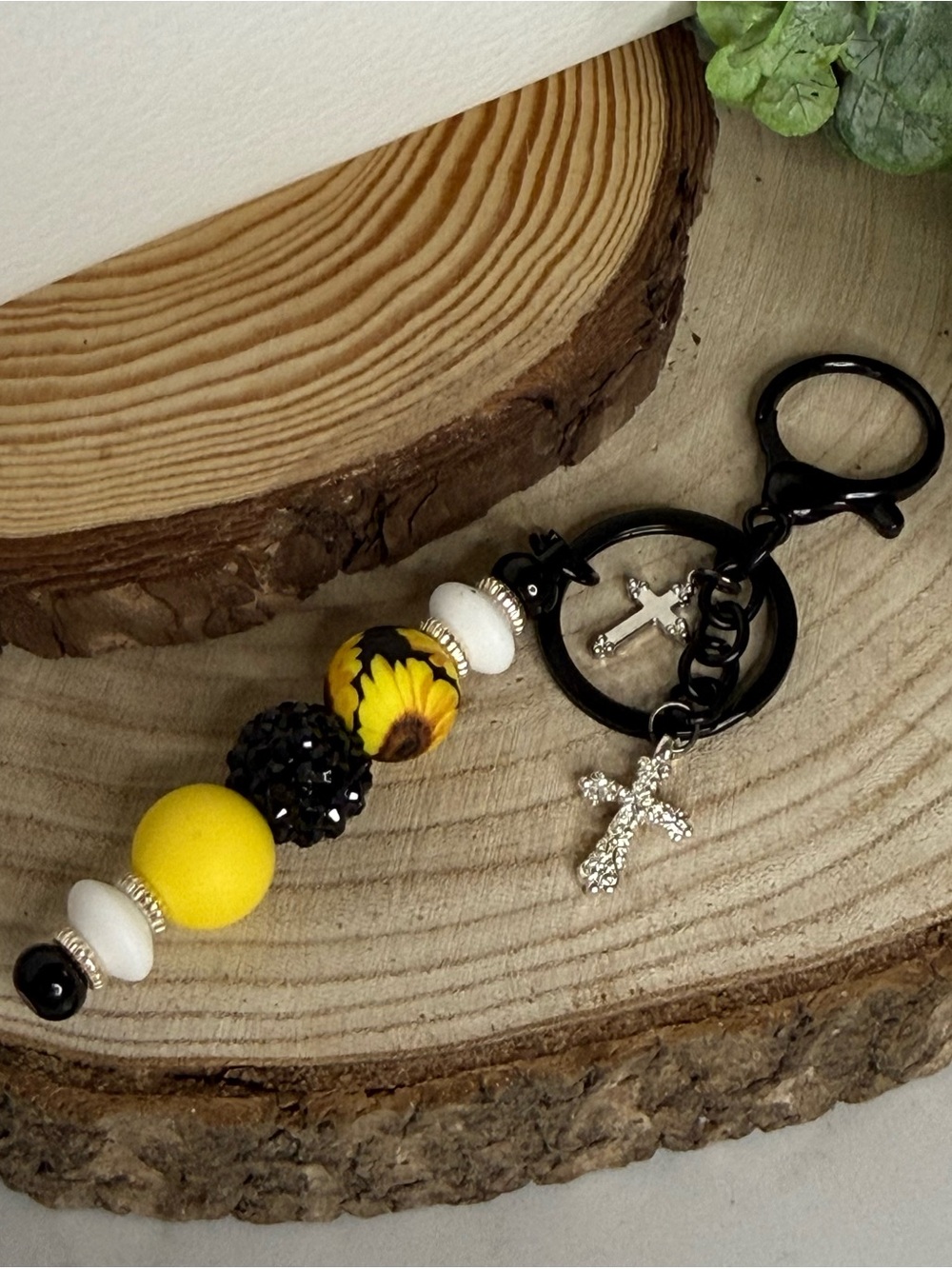 Yellow Sunflower Bead Keychain with Cross Charm - Purse and Bag Accessories